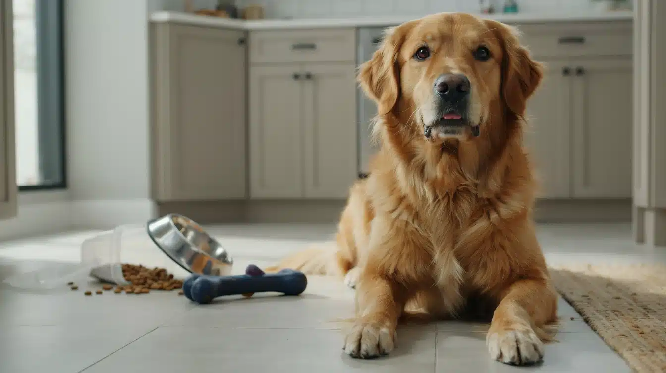 golden retriever looking concerned after possible poisoning at home