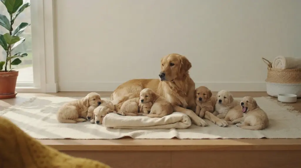 golden retriever mother dog with litter of puppies resting indoors on a blanket