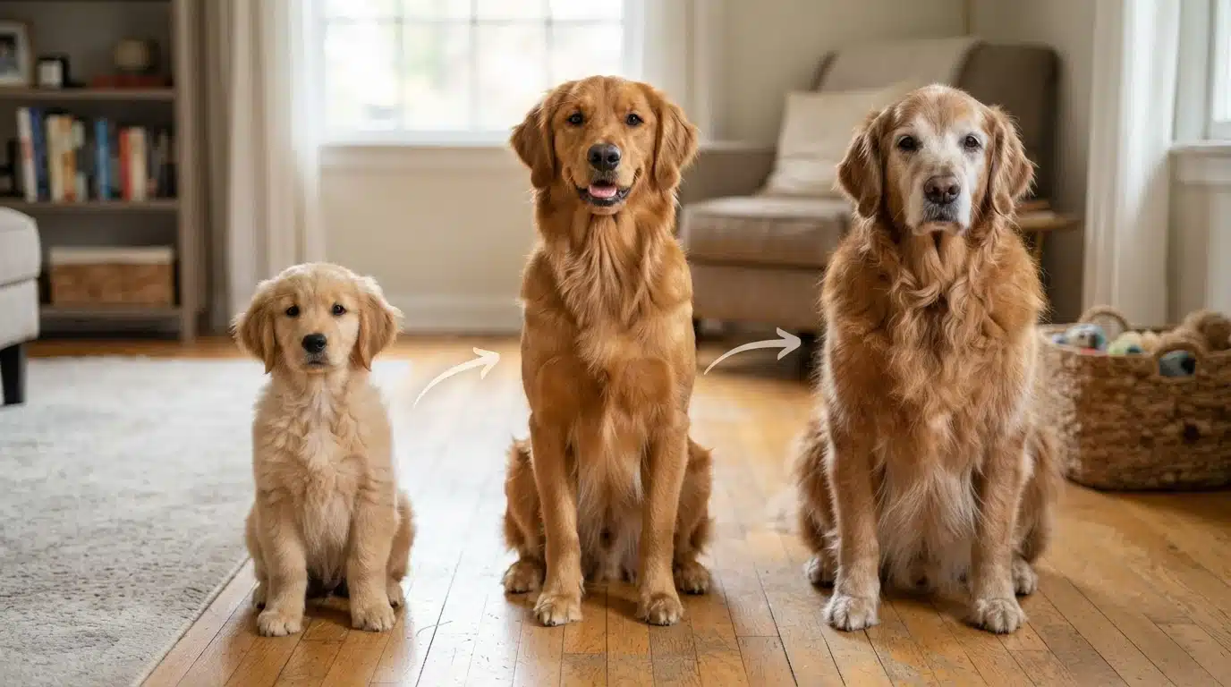 golden retriever puppy adult and senior dog showing growth and aging stages