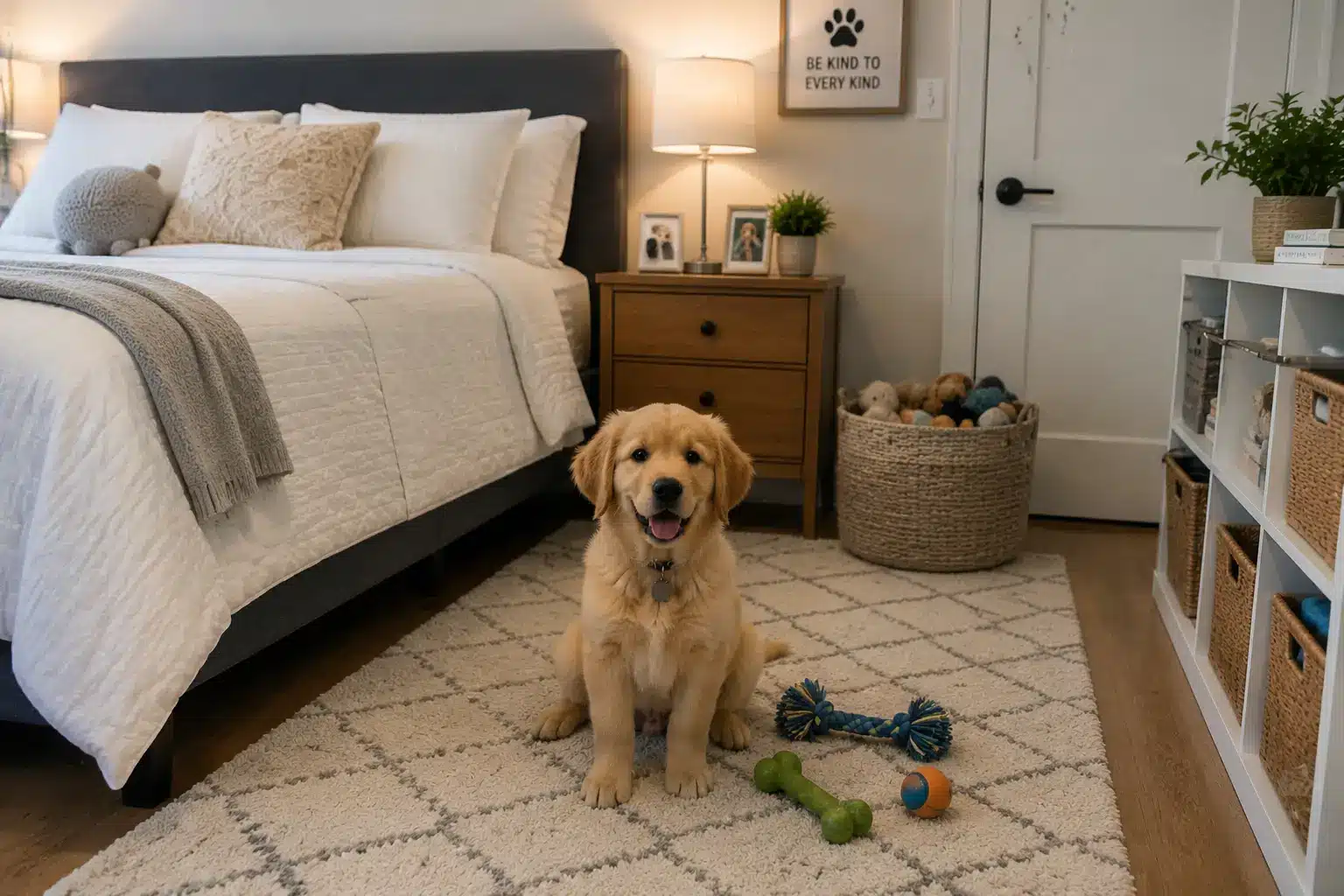 golden retriever puppy sitting in organized bedroom with toys and safe storage space