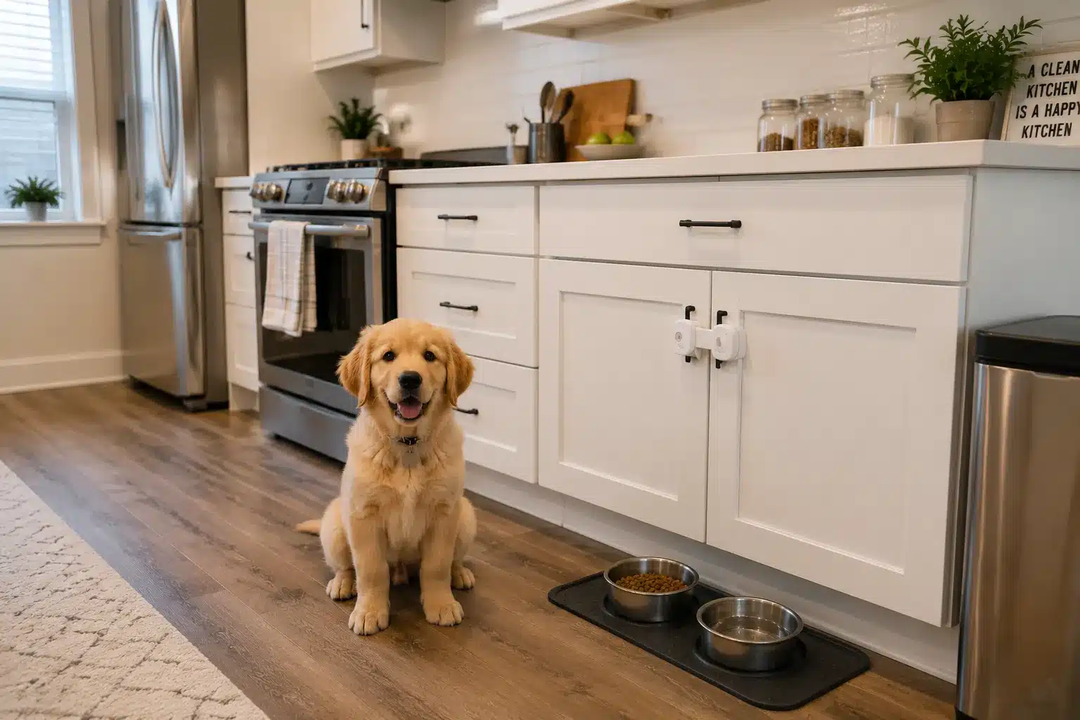 golden retriever puppy sitting in pet safe kitchen with locked cabinets and food bowls