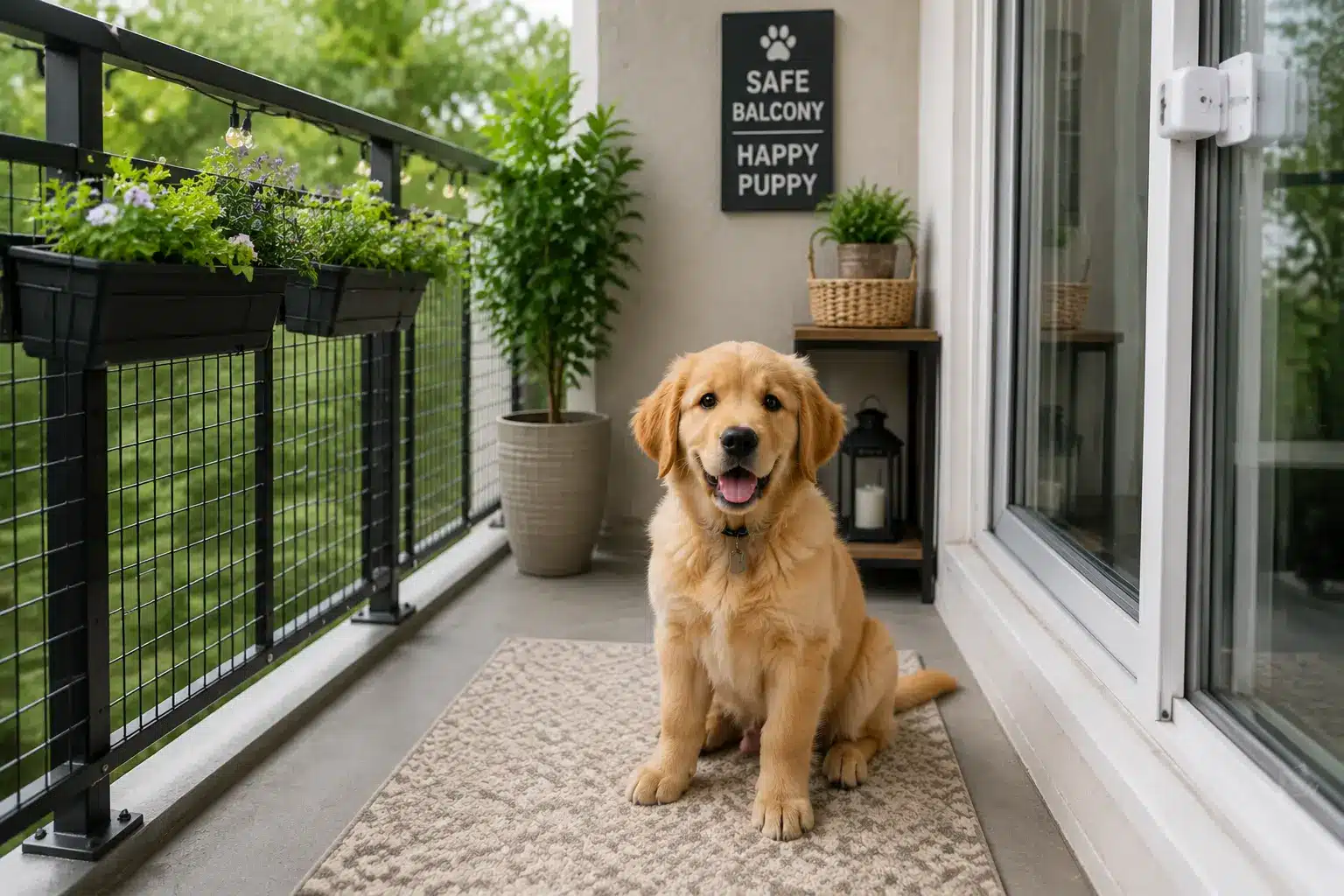 golden retriever puppy sitting on secure apartment balcony with mesh railing and sliding window
