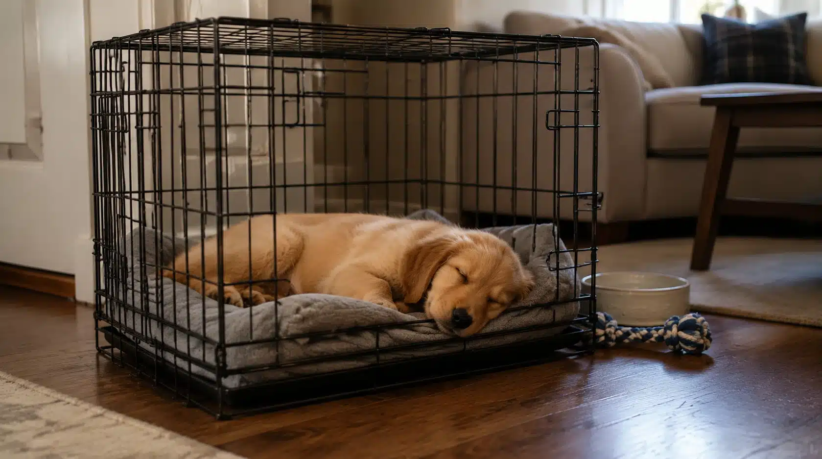 golden retriever puppy sleeping peacefully inside a crate in a cozy living room