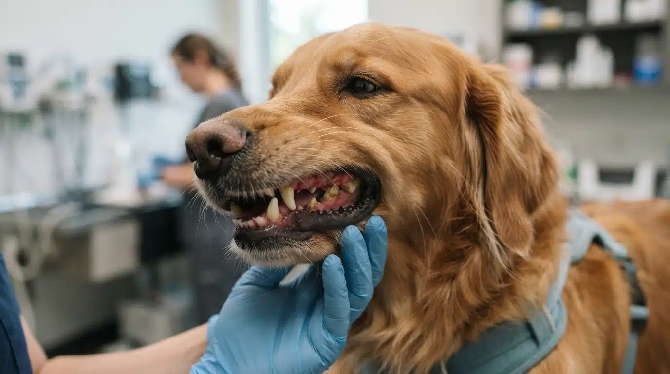 golden retriever showing dental problems with red gums and plaque buildup during vet checkup