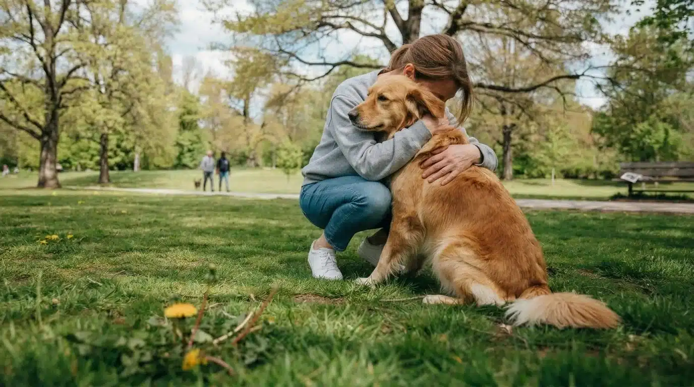 golden retriever sitting beside its owner while receiving affection in a sunny park setting with trees and grass background