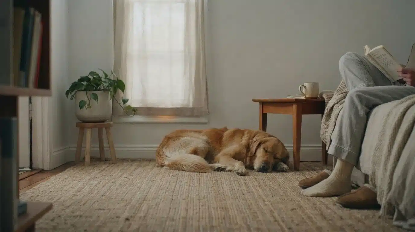 golden retriever sleeping peacefully on a rug near its owner reading in a quiet living room