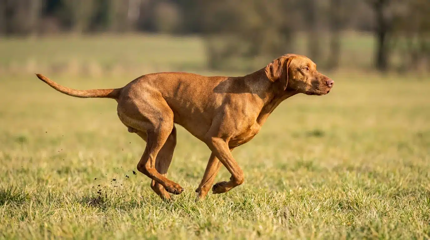 golden rust vizsla running through an open grass field with a steady athletic stride