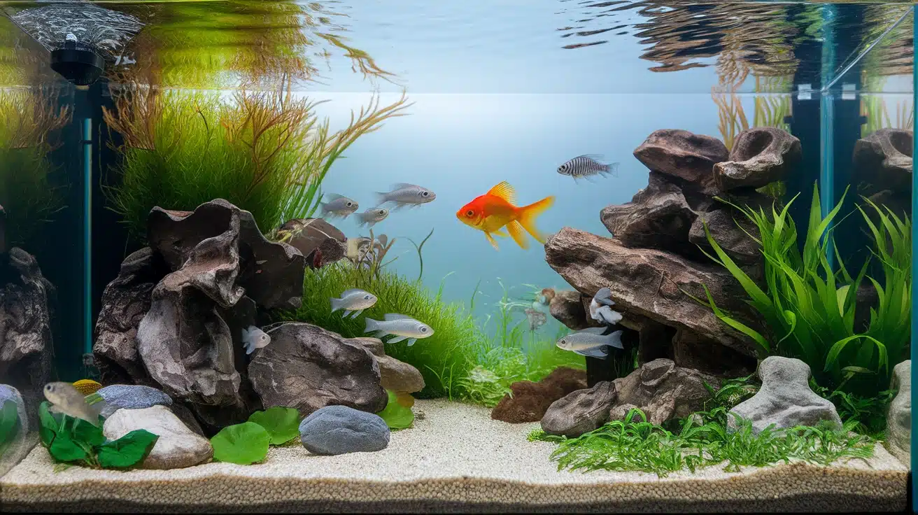 goldfish swimming with peaceful cold water tankmates in a planted aquarium setup