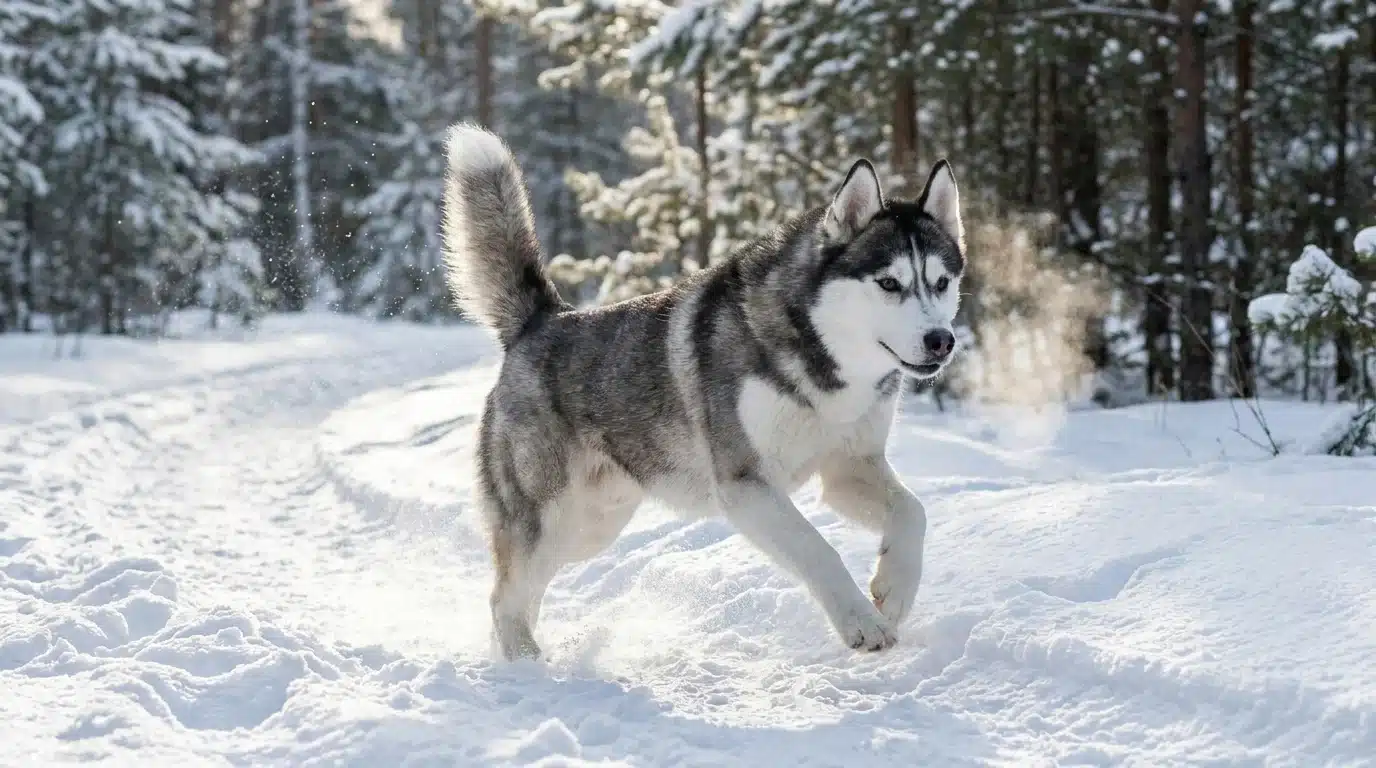 gray and white siberian husky running along a packed snow trail in clear cold daylight