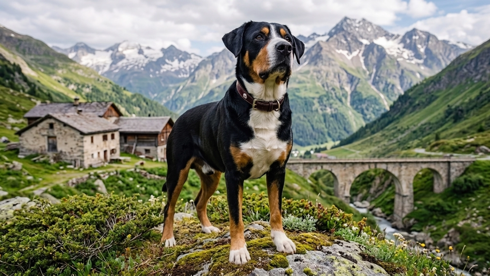 greater swiss mountain dog standing on a rocky hill with alpine mountains and a stone bridge in background