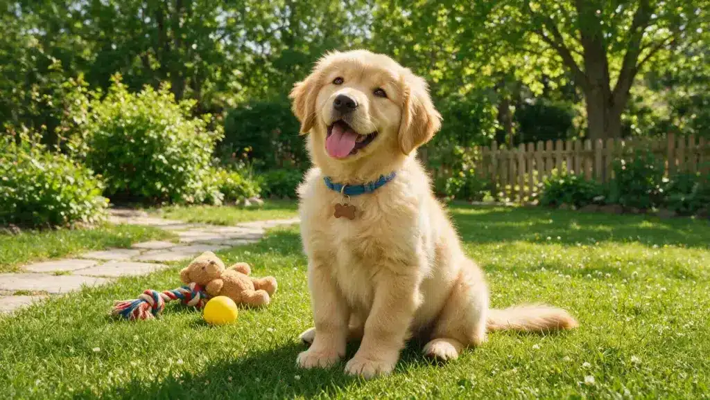 happy male puppy sitting outdoors showing a cute personality for choosing a name