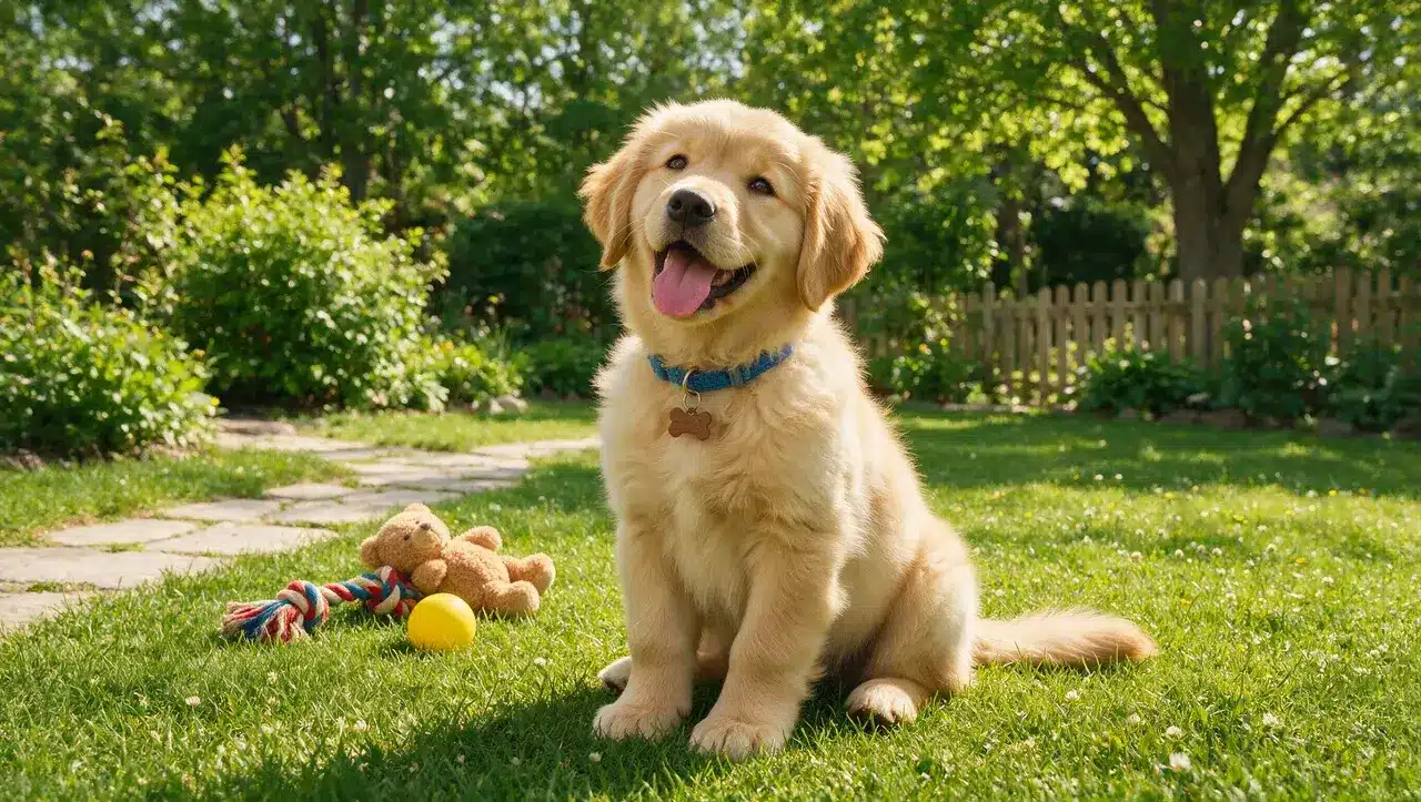 happy male puppy sitting outdoors showing a cute personality for choosing a name