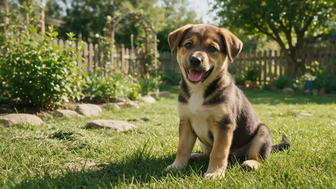 happy male puppy sitting outdoors with a curious expression and playful personality