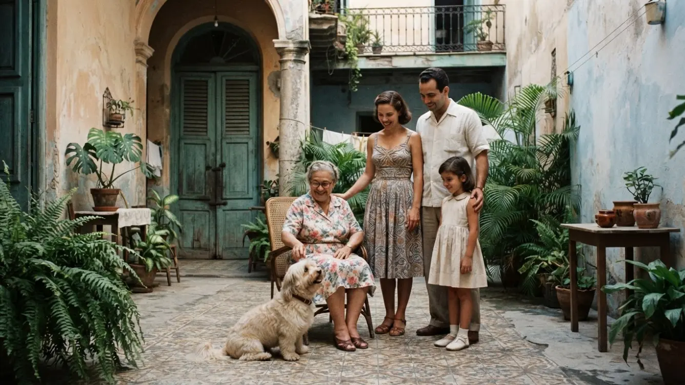 havanese dog beside a cuban family in a historic havana courtyard during the nineteen fifties