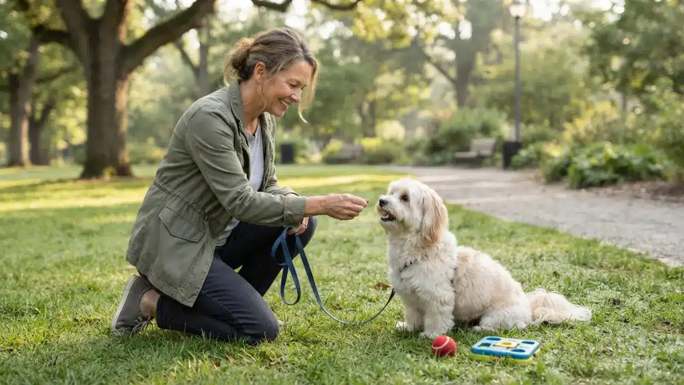 havanese dog practicing reward based training during a short walk and play session in a park