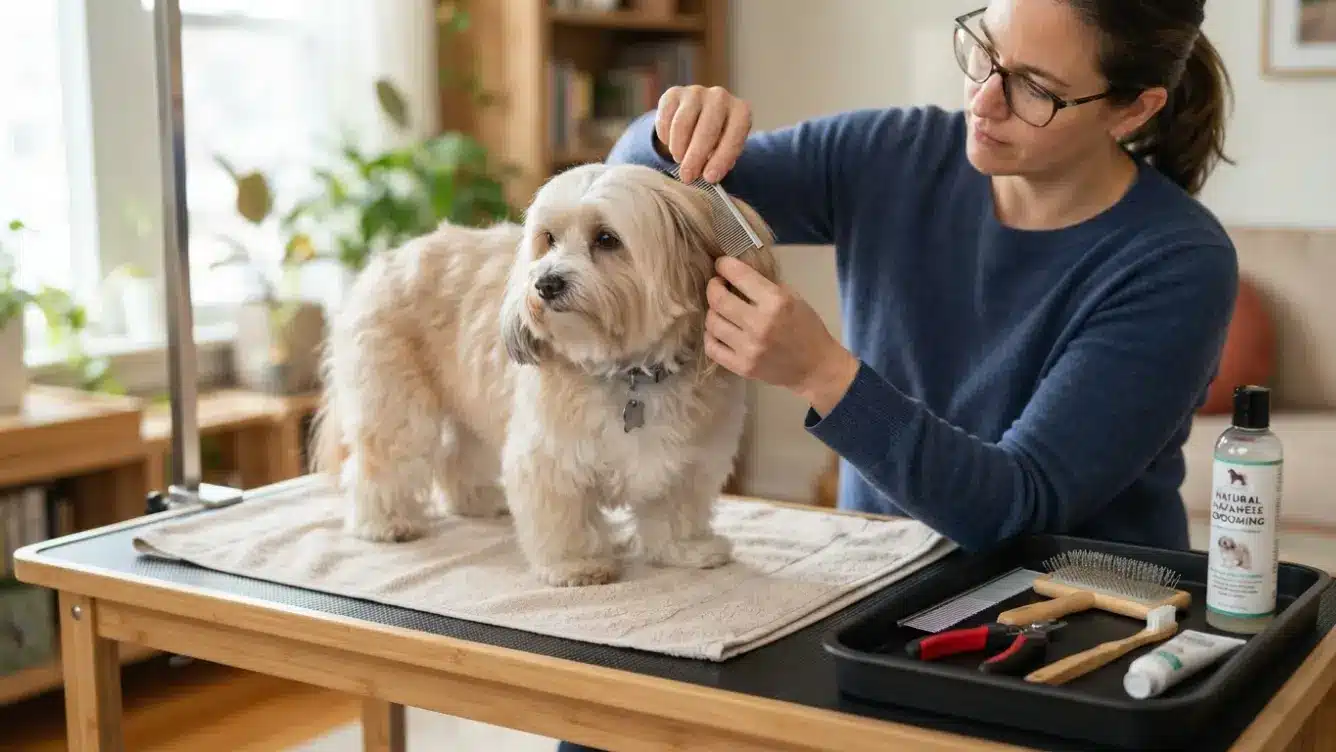 havanese dog receiving careful coat grooming with a metal comb brush and clean grooming tools