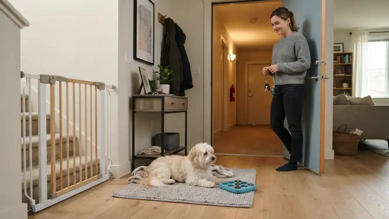 havanese dog resting calmly in an apartment with a puzzle toy secure gate and owner nearby