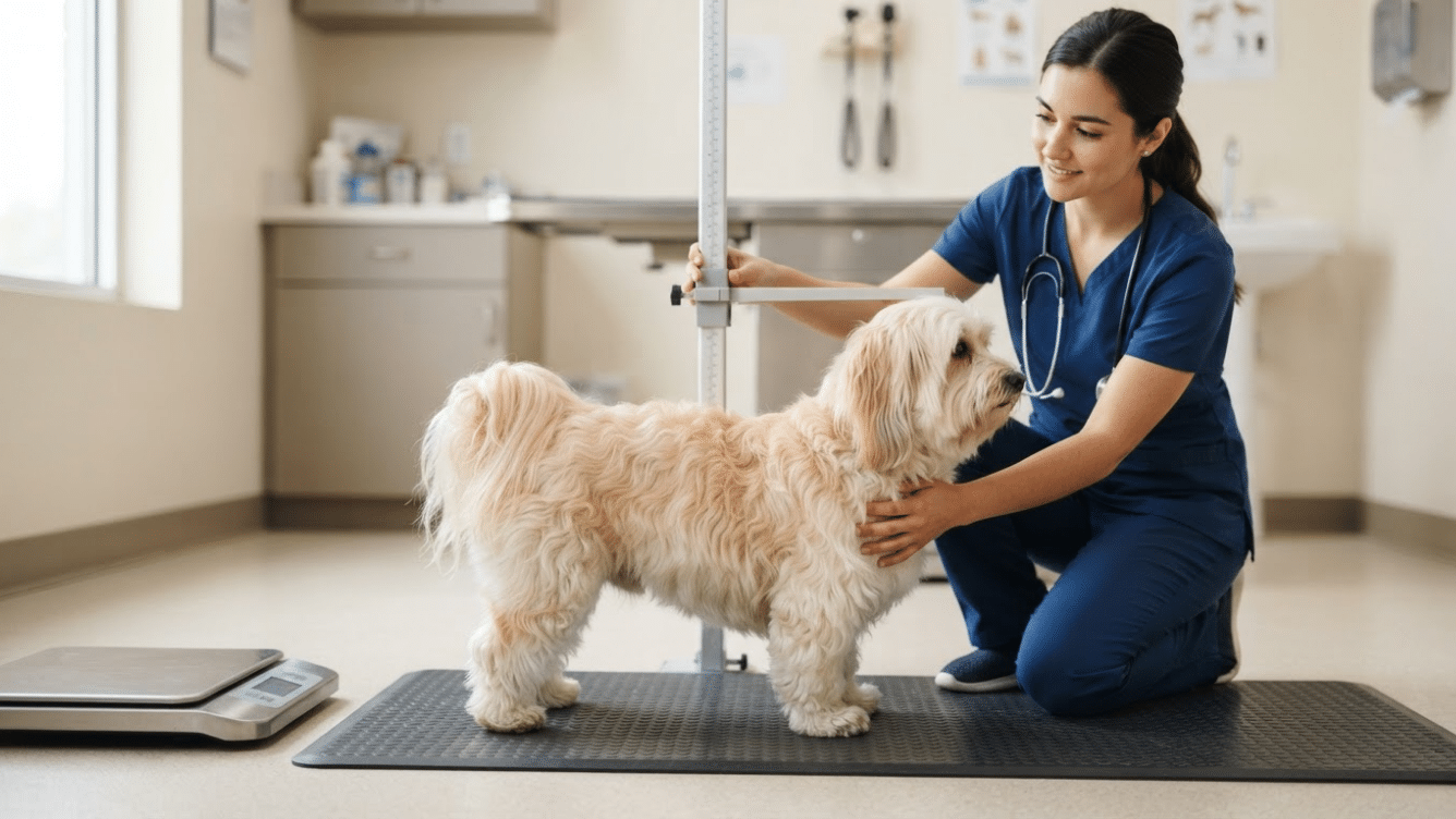 havanese dog standing beside a height measure and veterinary scale showing its compact adult size