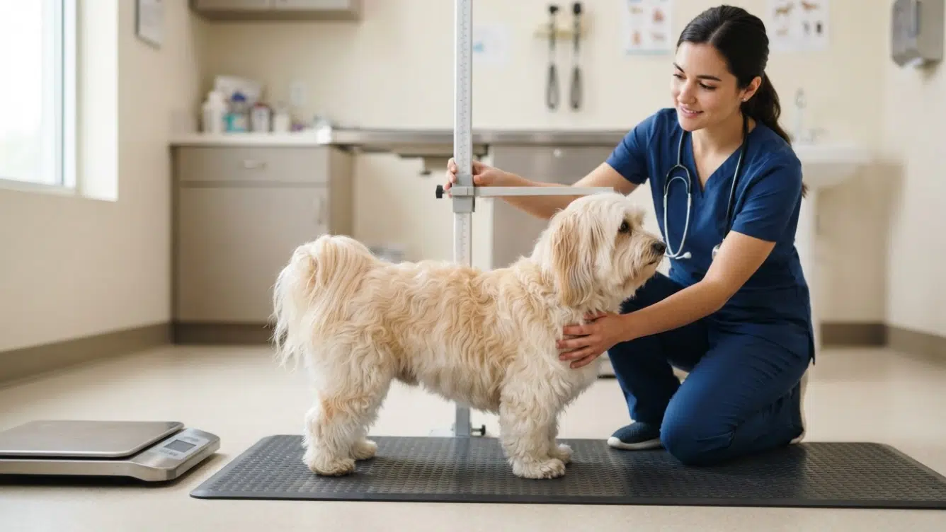 havanese dog standing beside a height measure and veterinary scale showing its compact adult size