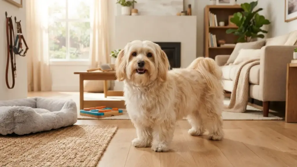 havanese dog standing in a bright family home with a silky coat and alert friendly expression