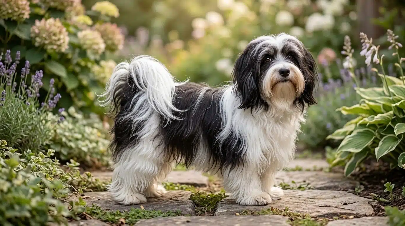 havanese dog with silky wavy coat and black white fur standing in a garden setting