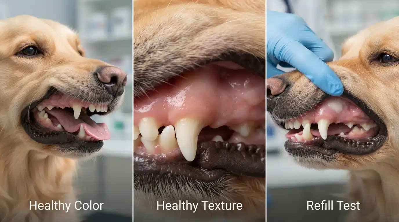 healthy dog gums showing normal color, texture, and capillary refill test during oral check