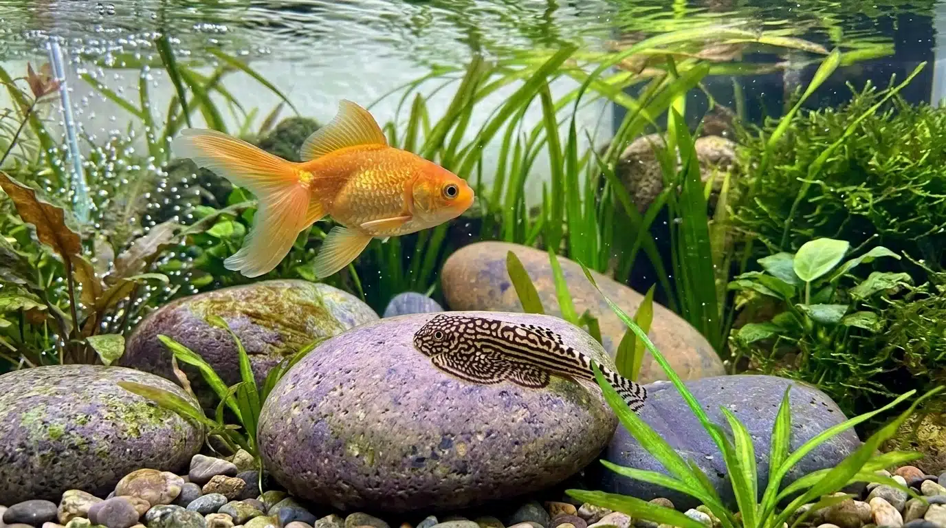 hillstream loach resting on rocks in a freshwater aquarium with goldfish nearby