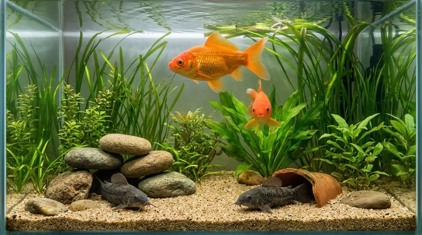 hoplo catfish near the bottom of aquarium with goldfish swimming above