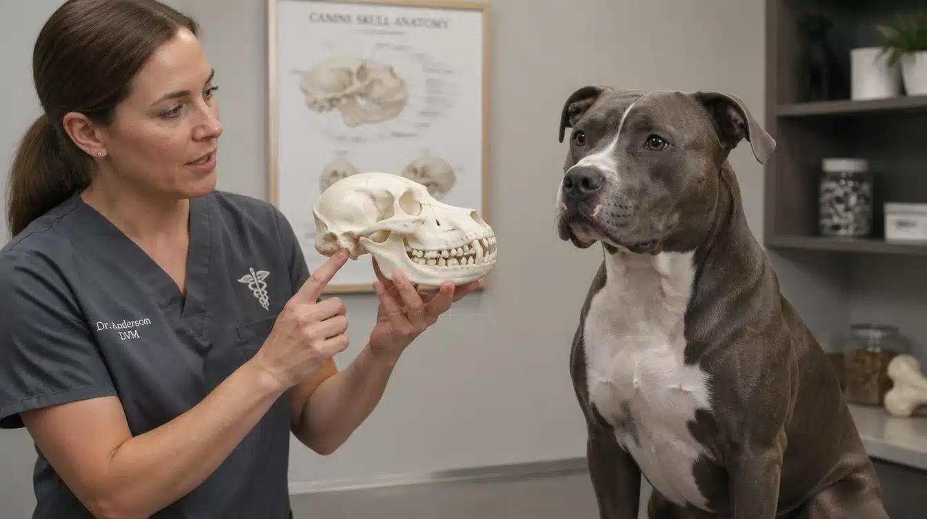 veterinarian showing a canine skull model beside a pit bull during a jaw anatomy review.png Uploaded through