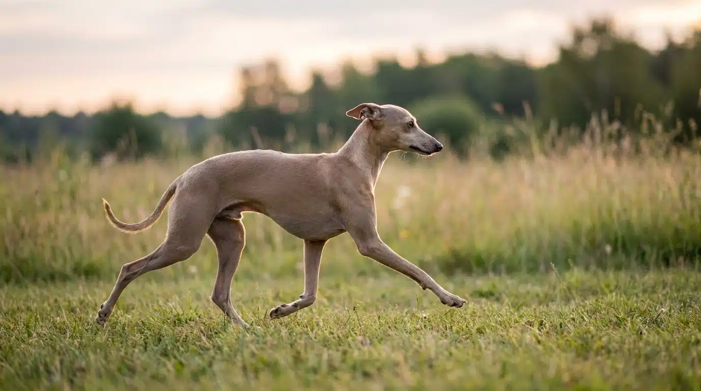italian greyhound running outdoors showing slender body narrow waist and fine legs