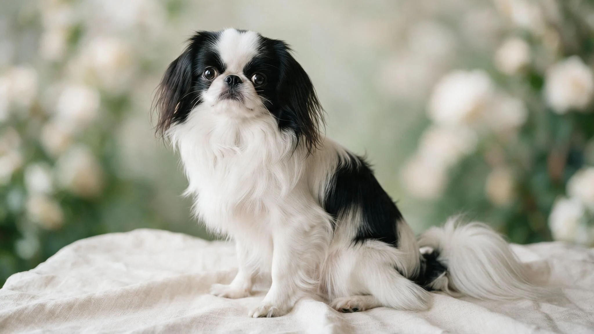 japanese chin dog showing flat face and feathered coat