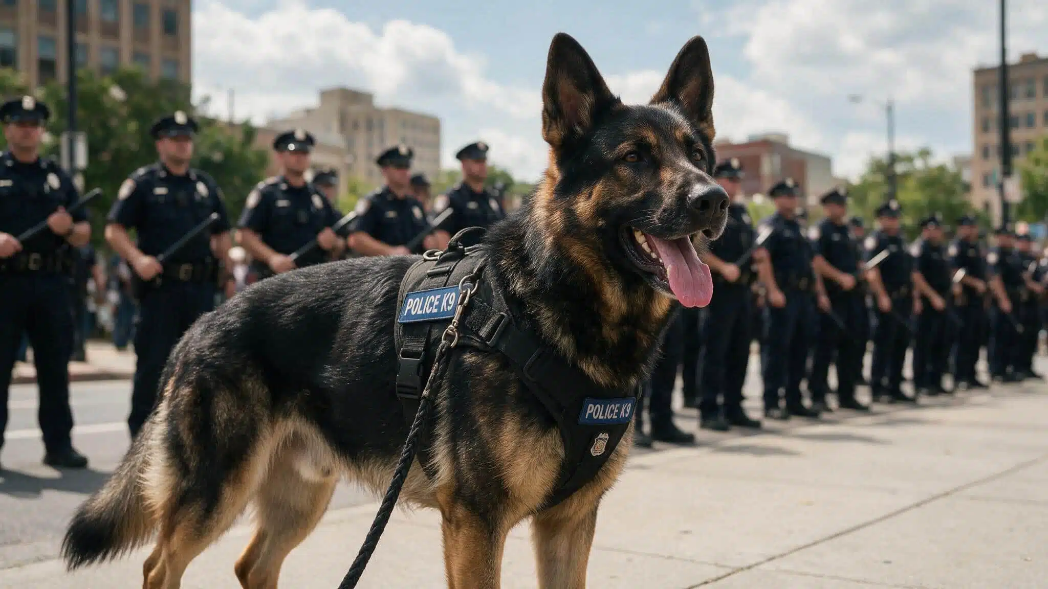 k9 dog along with numerous police officers