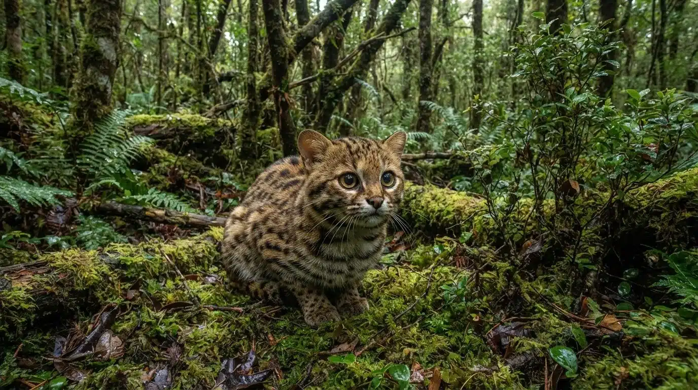 kodkod cat hiding in chilean rainforest with spotted coat and natural surroundings