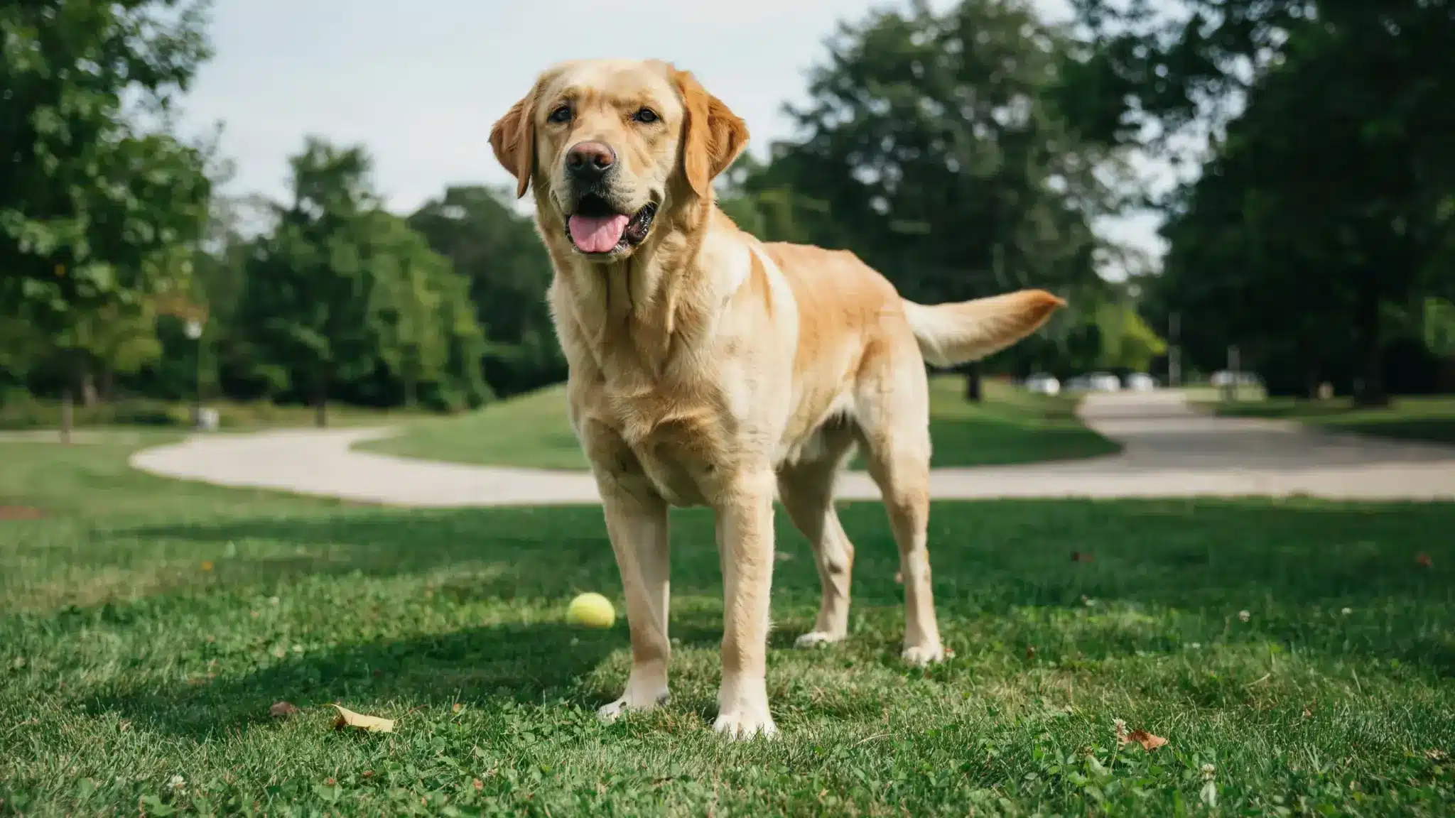 labrador retriever dog standing outdoors with short coat and happy friendly expression in a park