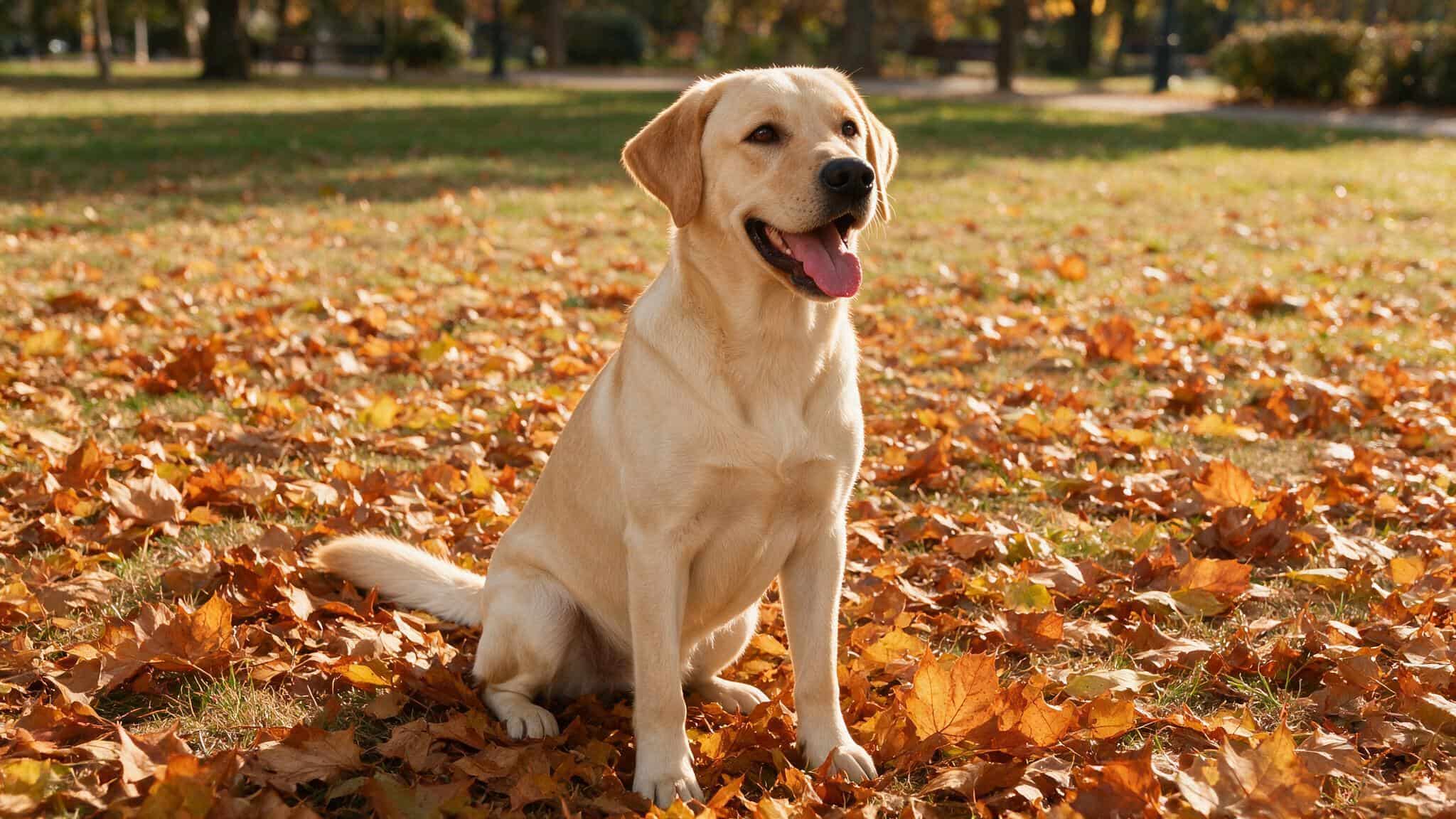 labrador retriever in an autumnal setting with it's tongue sticking out