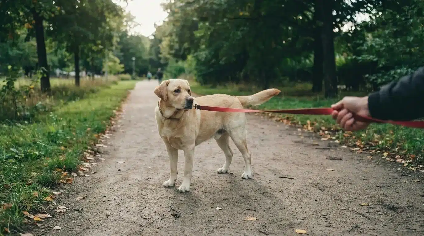 labrador walking on a park trail while looking back at its owner during a calm leash walk