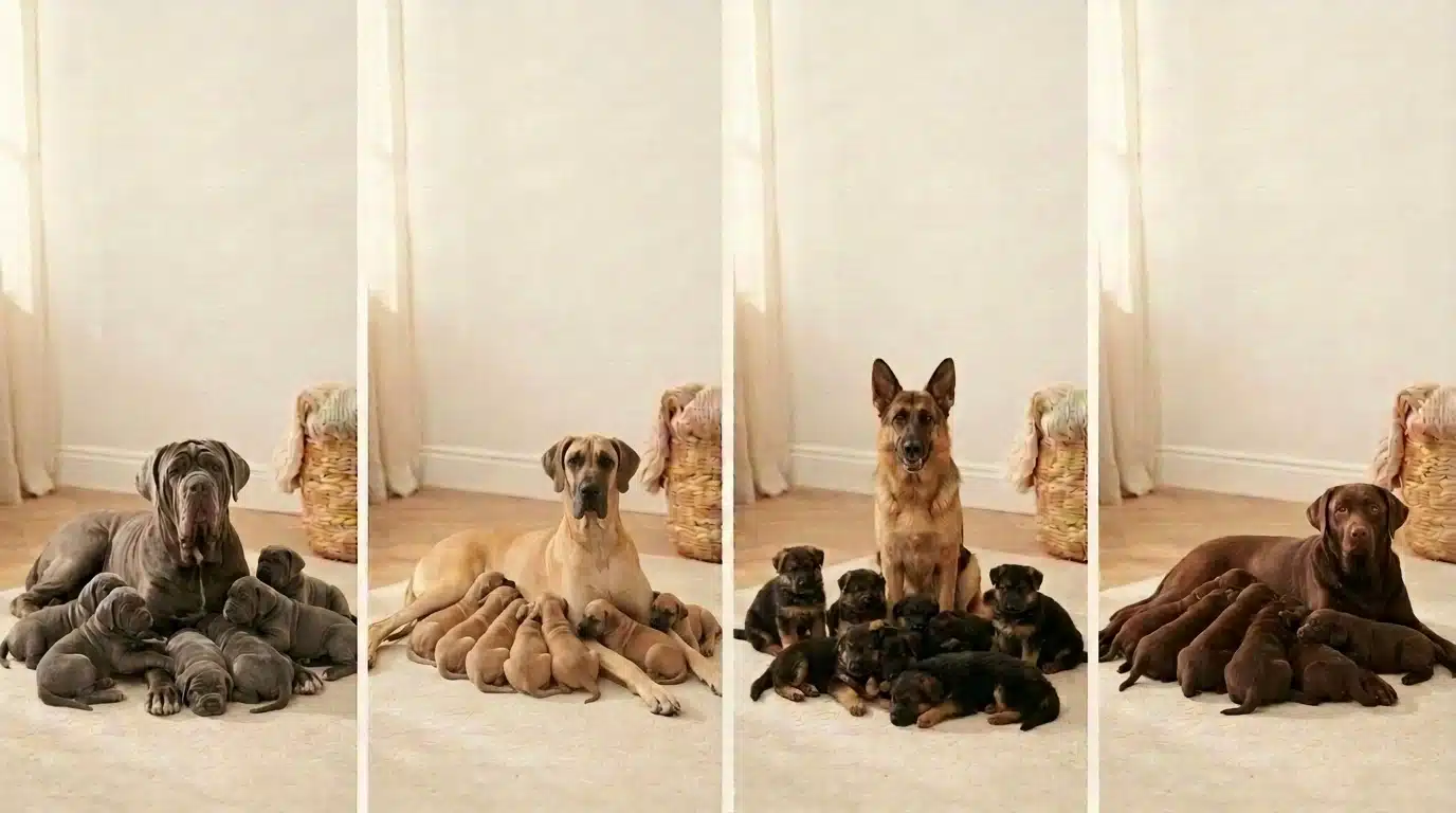 large and giant dog breeds with puppies showing typical large litter sizes for labrador german shepherd great dane and neapolitan mastiff