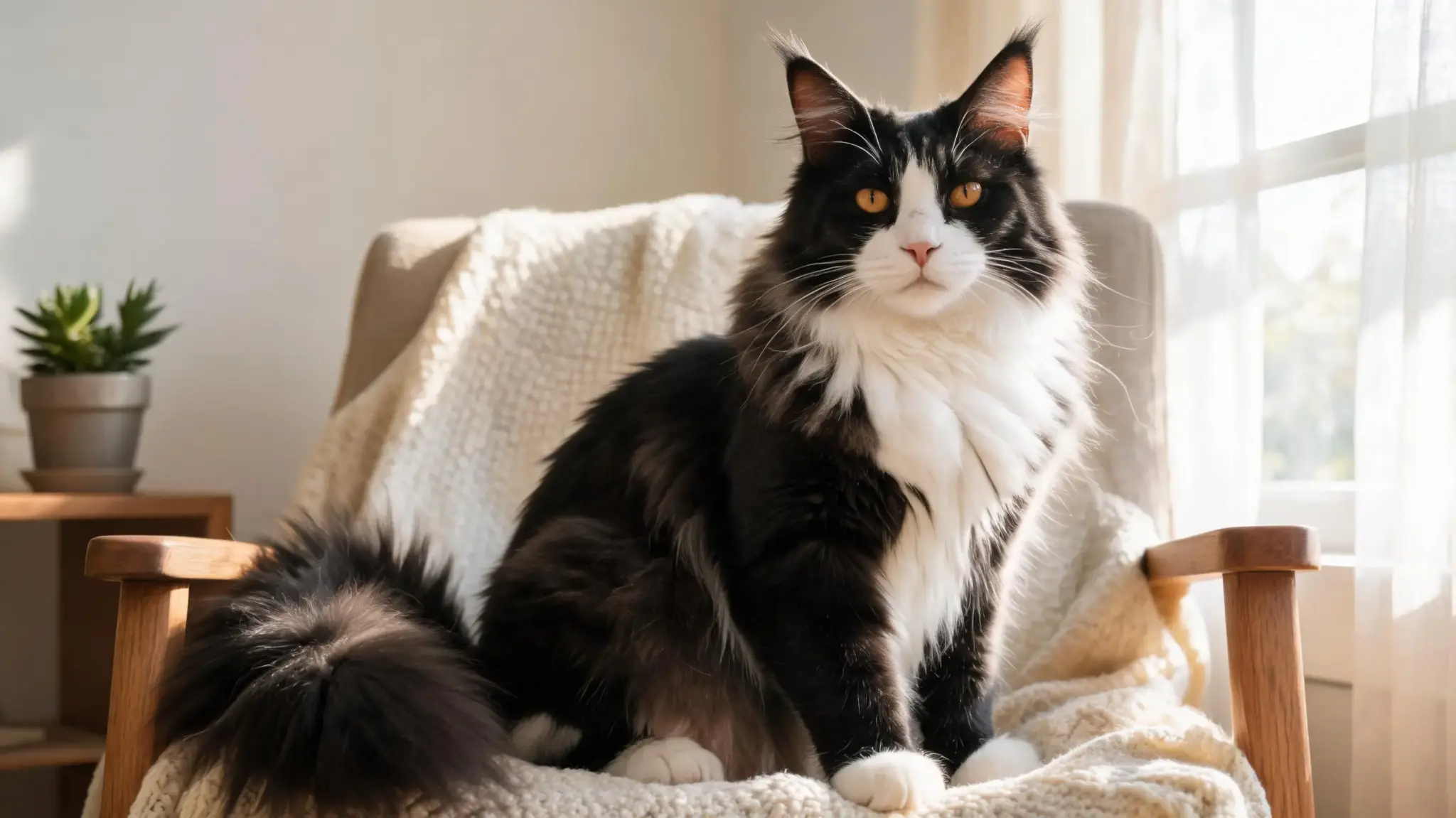 large maine coon tuxedo cat with black and white coat