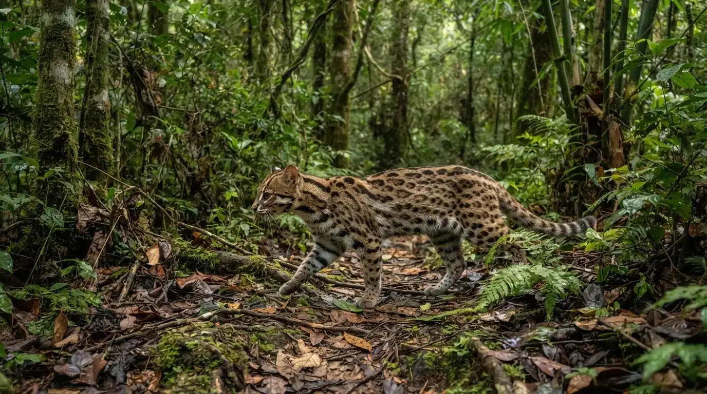 leopard cat walking through asian forest with realistic spotted coat