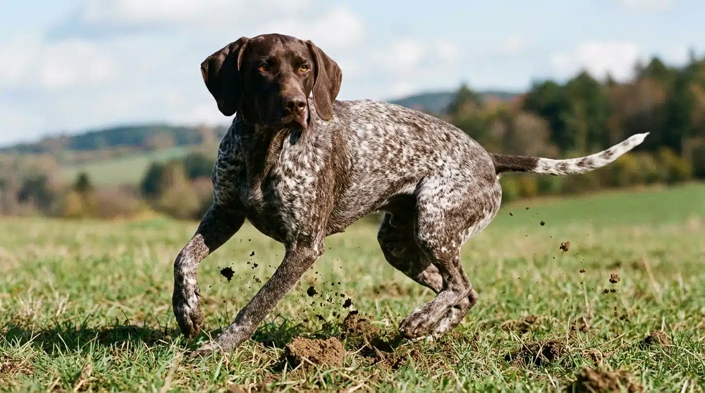 liver and white german shorthaired pointer turning quickly across a field of grass and soil