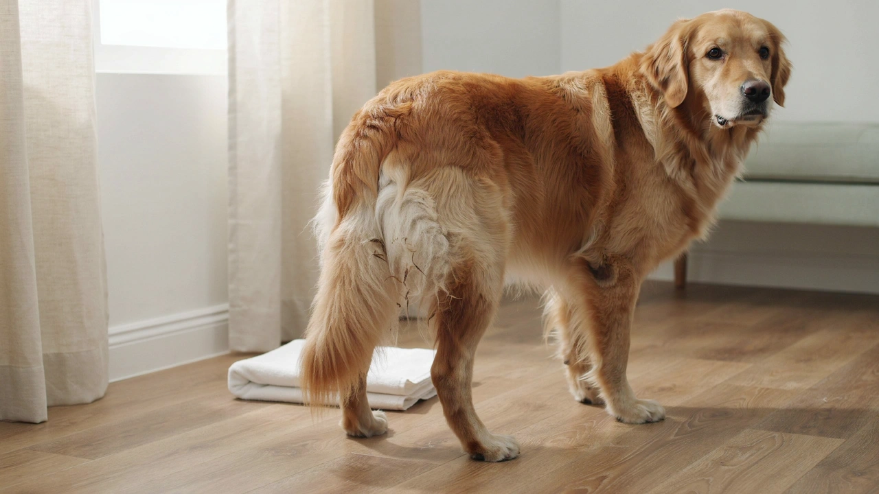 long haired dog with slightly dirty matted fur near the backside