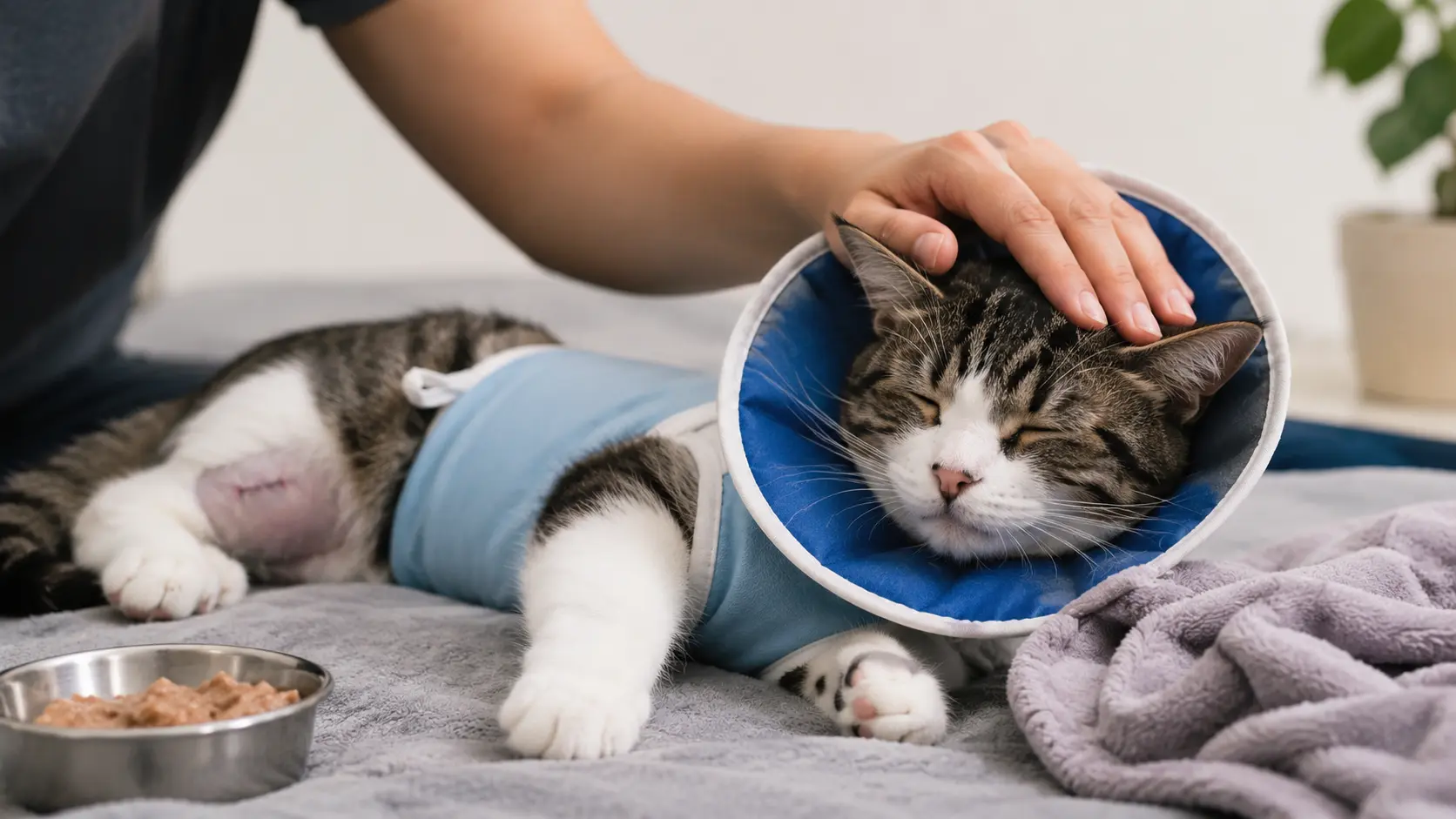 male cat recovering after neutering with cone and post surgery care