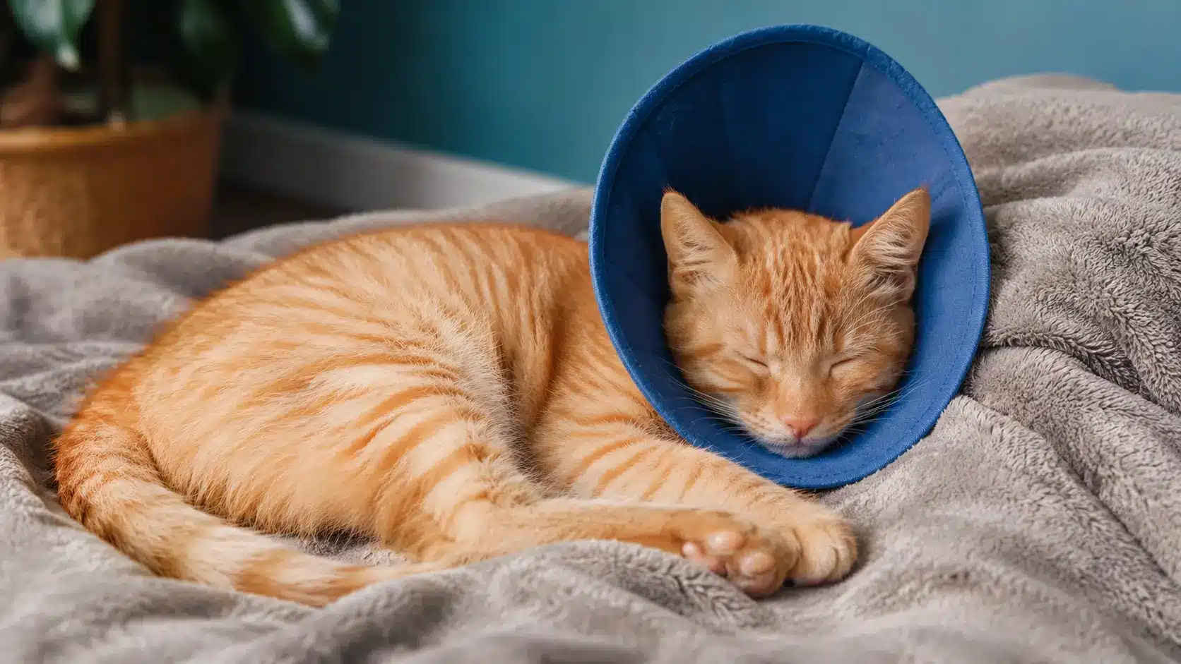 male cat resting after neutering with protective cone during recovery
