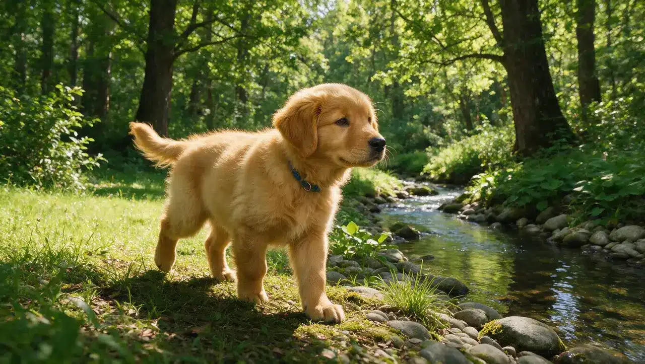 male puppy exploring nature with trees grass and outdoor surroundings