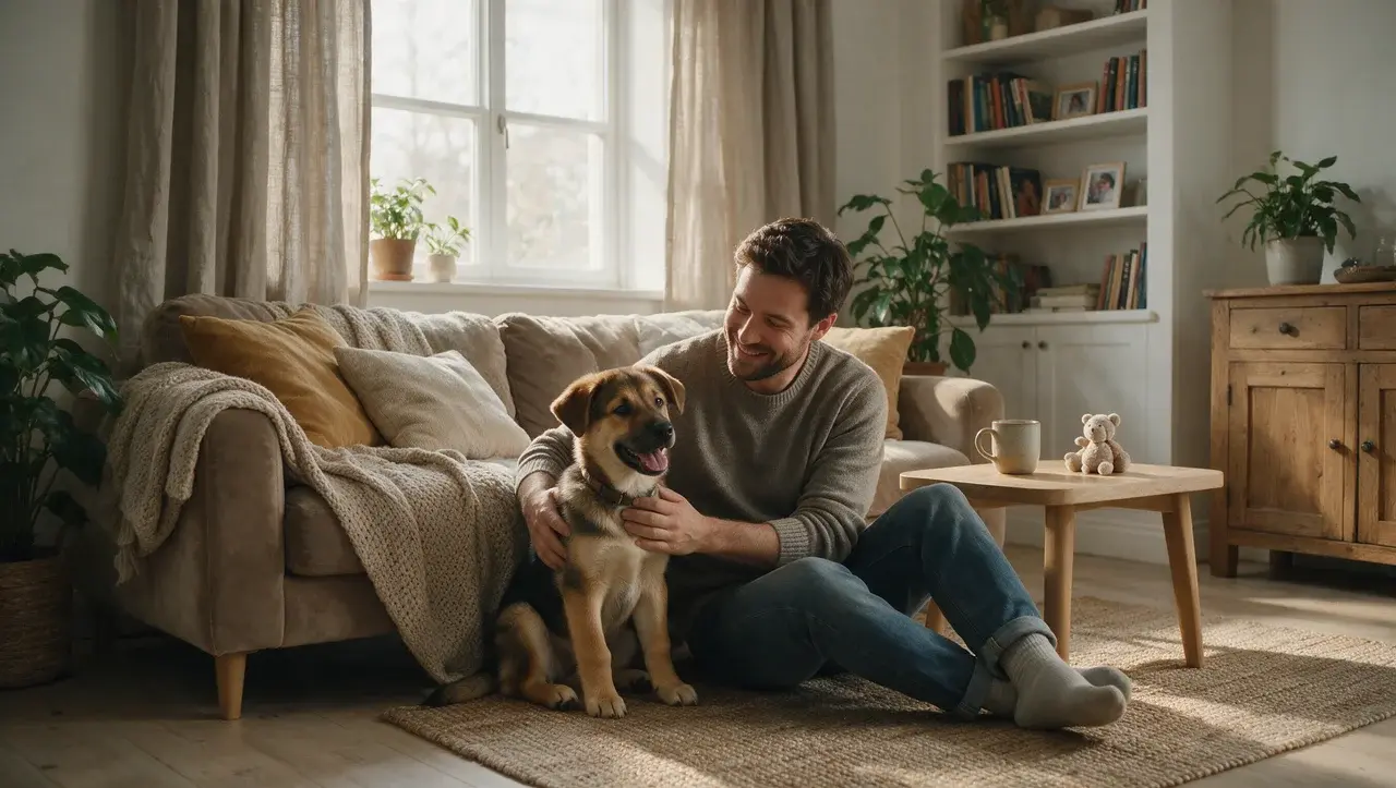 male puppy resting beside owner showing a meaningful bond and companionship