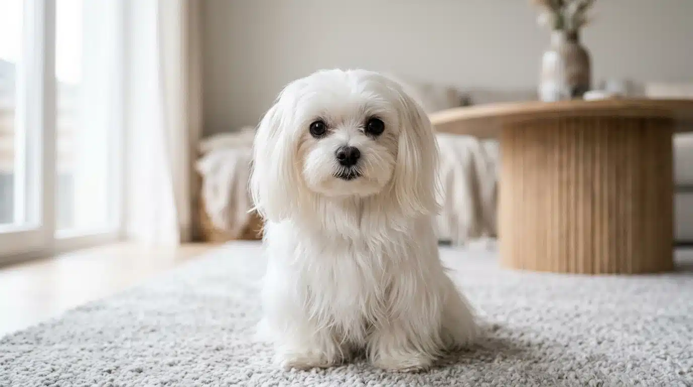 maltese dog with long white coat sitting indoors and showing a small friendly companion breed appearance