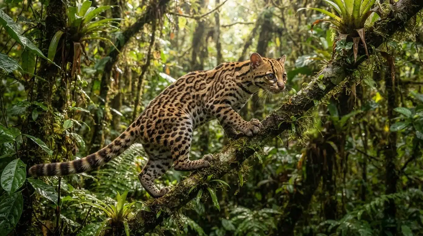 margay cat climbing rainforest tree with spotted fur and long tail