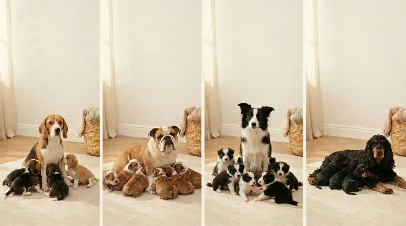 medium dog breeds with puppies showing typical medium litter sizes for beagle bulldog border collie and cocker spaniel