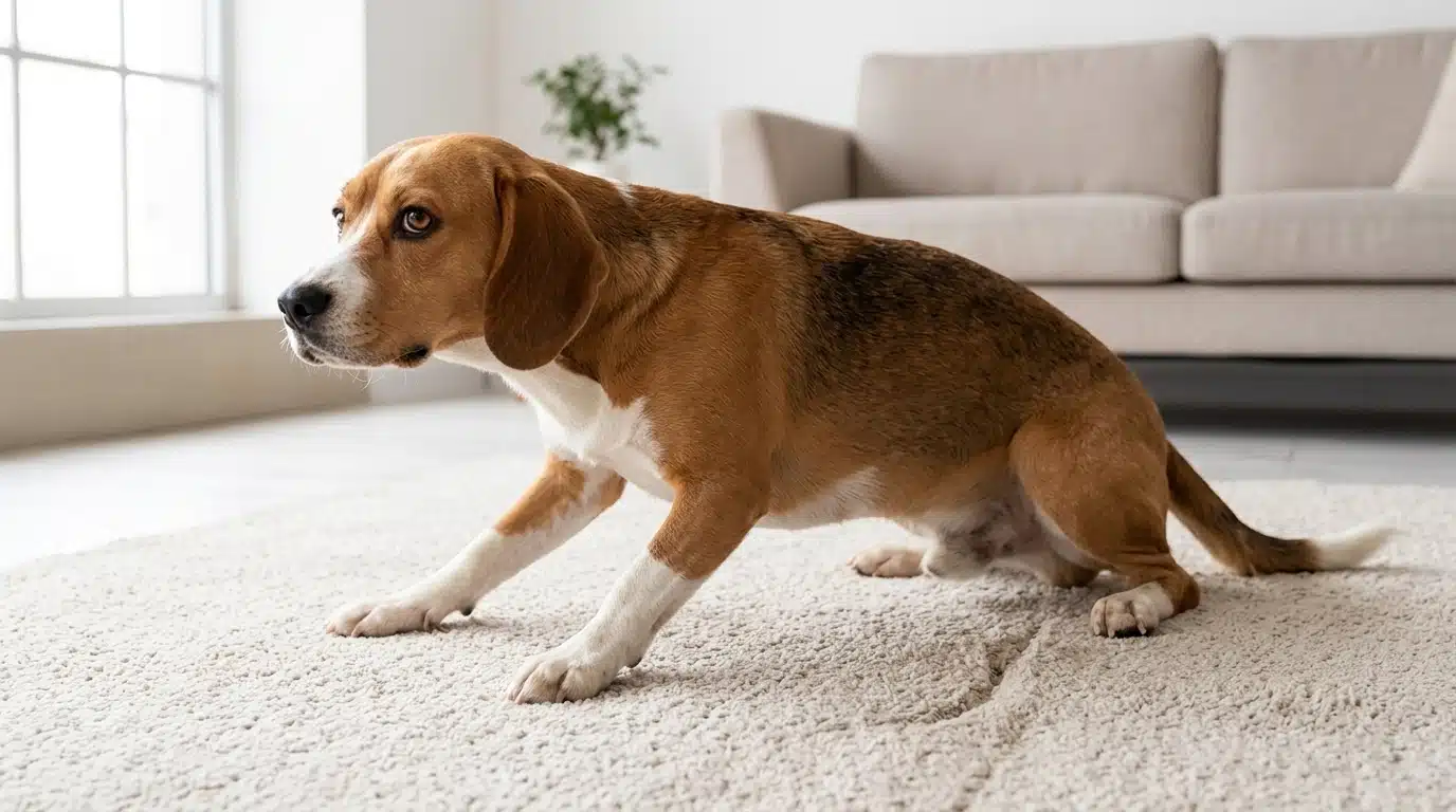 medium dog scooting its rear end across a clean indoor carpet showing anal gland discomfort