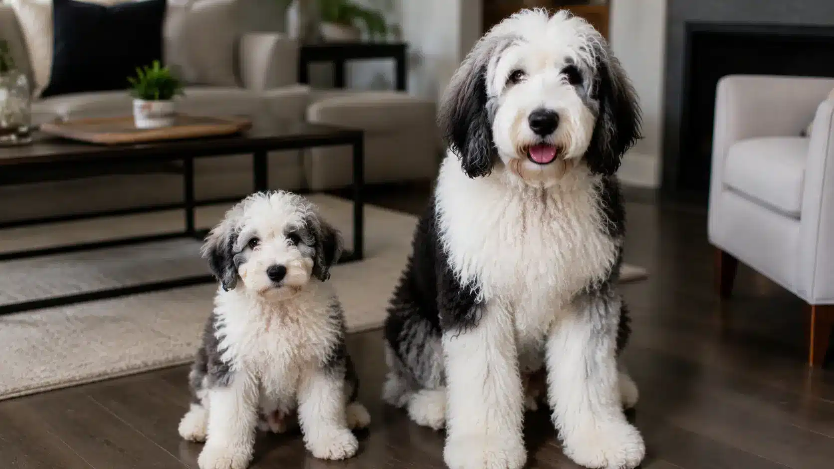 mini and standard sheepadoodle puppies showing size difference indoors